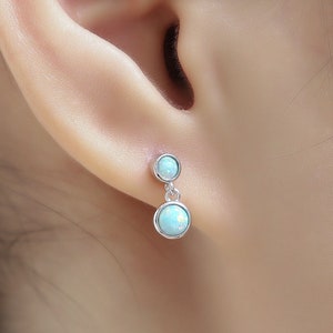 Double Opal Dangle Earrings in Sterling Silver,  Silver or Gold, Lab Opal Bezel Earrings, Two Opal Earrings, Aqua Blue Opal