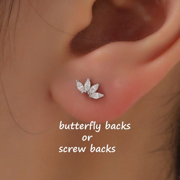 Lotus Flower CZ Screw Back or Stud Earrings in Sterling Silver, Silver or Gold, CZ Marquise Flower Barbell Earrings, Piercing Earrings