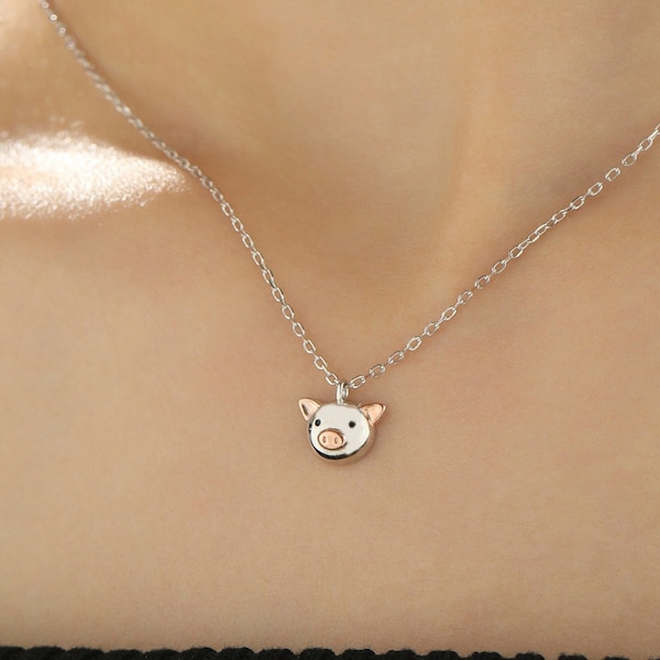 Cute Pig Pendant Necklace in Sterling Silver,  Piglet Necklace, Partial Rose Gold Coating - Cute Quirky and Fun Jewellery