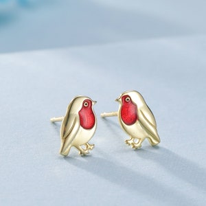 Orecchini a bottone a forma di pettirosso in argento sterling, argento o oro, orecchini a forma di uccello britannico, orecchini a forma di animale ispirati alla natura