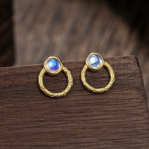 Orecchini a bottone con doppio cerchio in pietra di luna in argento sterling, argento o oro o oro rosa, orecchini in pietra di luna da laboratorio, doppio cerchio