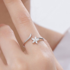 CZ Flower Open Ring in Sterling Silver, Silver or Gold, Adjustable, Forget-me-not, Minimalist CZ Ring