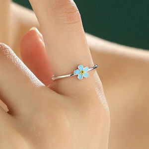 Sterling Silver Delicate Forget-me-not Flower Ring, Adjustable Size, Forget me not enamel flower ring, Dainty and Delicate, Flower Ring image 1