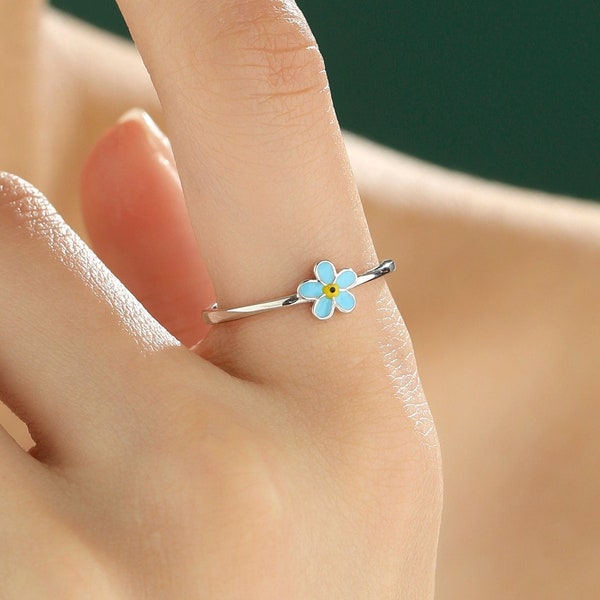 Sterling Silver Delicate Forget-me-not Flower Ring, Adjustable Size, Forget me not enamel flower ring,  Dainty and Delicate, Flower Ring