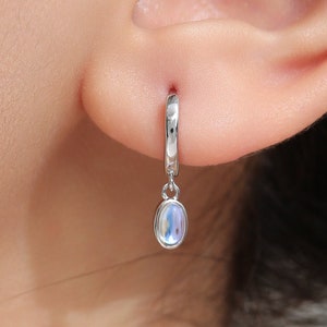 Sterling Silver Dangling Oval Moonstone Hoop Earrings,  Lab Moonstone Charm Dangle Hoop Earrings, Silver or Gold