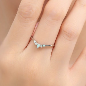 Aqua Green Opal Chevron Ring in Sterling Silver,  Opal Crown Ring, Lab Opal Tiara V Ring, Adjustable Size, Nesting Band, Curved Wedding Ring