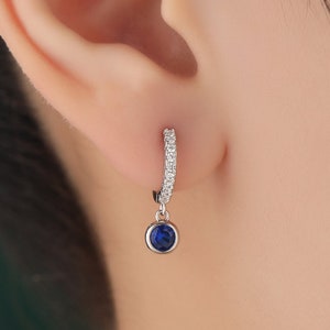 Sapphire Blue CZ Dangle Huggie Hoop in Sterling Silver, Silver or Gold, Skinny CZ Dangle Earrings, CZ Hoops