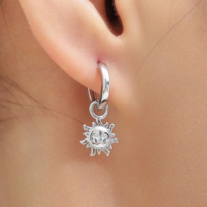 Dangling Sun with Face Hoop in Sterling Silver, Silver or Gold, Sun Face Earrings, Detachable and Interchangeable