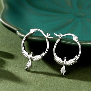 Sterling Silver Phoenix Hoops, Silver, Gold or Rose Gold, Phoenix Earrings, Phoenix Bird Earrings, Phoenix Hoop Earrings, Lever Hoops