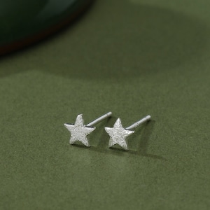 Sterling Silver Tiny Little Textured Star Stud Earrings -  Cute Fun Minimalist Geometric Jewellery - Gold and Rose Gold, Textured Finish
