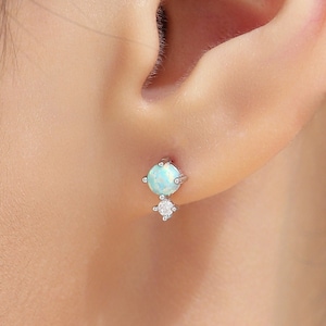 Sterling Silver Tiny Aqua Green Opal and CZ Stud Earrings, Tiny Opal Earrings, Fire Opal, Lab Opal Stud