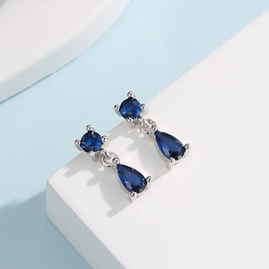 Tiny Sapphire Blue Double CZ Stud Earrings in Sterling Silver with Round and Droplet CZ, Silver or Gold, Two CZ Prong Set Earrings