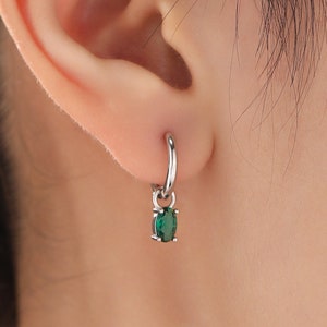 Oval Emerald Green CZ Huggie Hoop in Sterling Silver, Silver or Gold, Minimalist Simple Hoop Earrings, Detachable and Interchangeable