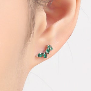 Emerald Green CZ Cluster Stud Earrings in Sterling Silver, Silver or Gold, Green Marquise Earrings, CZ Wing Earrings, Mini Crawler