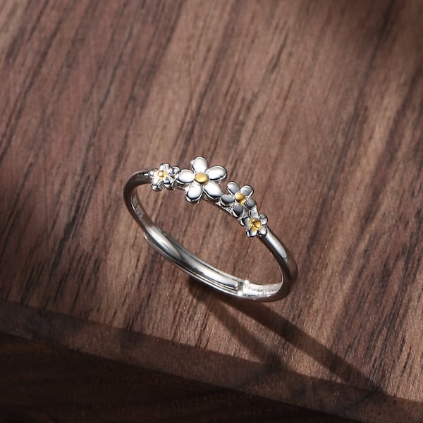 Sterling Silver Forget-Me-Not Ring, Adjustable Size,  Forget me not blossom ring, Daisy Flower Ring, Dainty and Delicate