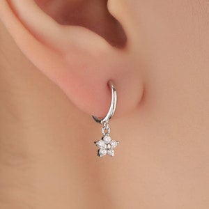 Extra Tiny CZ Flower Huggie Hoop Earrings in Sterling Silver, Silver or Gold or Rose Gold, CZ Flower Earrings, Small CZ Flower Huggies
