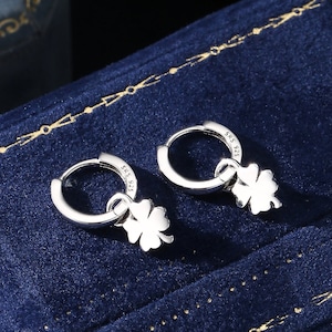 Four Leaf Clover Huggie Hoop Earrings in Sterling Silver, Silver, Gold or Rose Gold, Irish Earrings, Detachable