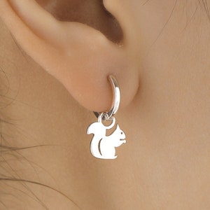 Sterling Silver Cute Squirrel Dangle Huggie Hoops, Detachable Squirrel Hoop Earrings, Dainty Dangle Earrings, Squirrel Earrings