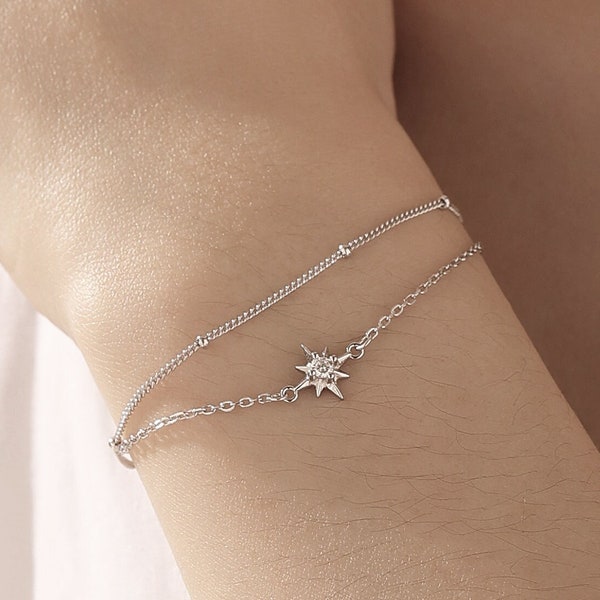 Starburst Two Layer Bracelet in Sterling Silver, Silver or Gold or Rose Gold, Double Layer Star Bracelet, Starburst Duo Layer Bracelet