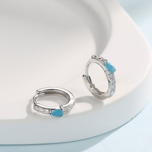 Tiny CZ Huggie Hoop Earrings in Sterling Silver with Turquoise Blue Pear CZ, Silver or Gold, Droplet CZ Hoops