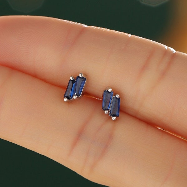 Double Trapezoid Sapphire Blue CZ Screw back Earrings in Sterling Silver, Silver or Gold, Art Deco CZ Cluster Screwback Earrings or Stud,