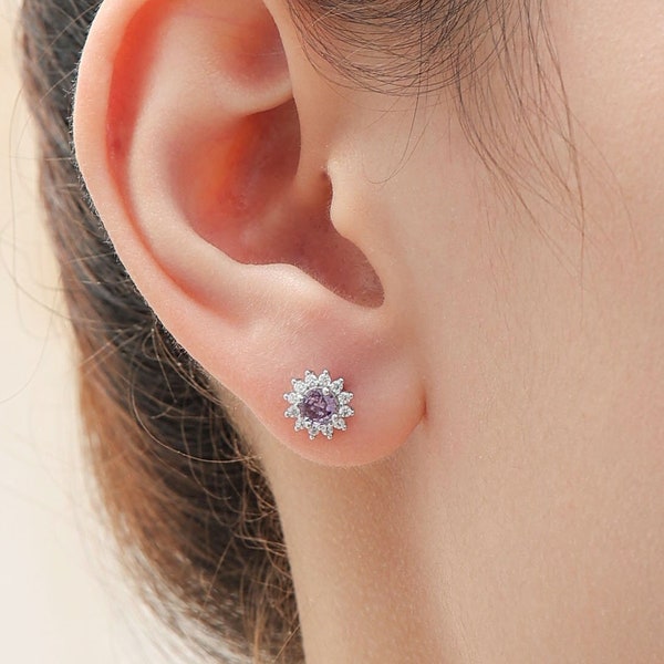 Amethyst Purple CZ Halo Stud Earrings in Sterling Silver, Silver or Gold, February Birthstone Earrings, Flower CZ Earrings