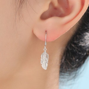 Sterling Silver Feather Drop Hook Earrings, Silver or Gold or Rose Gold, Delicate Feather Dangle Earrings,  Nature Inspired