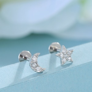 Tiny Mismatched Moon and Star Internally Threaded Flat Back/Screw back(Barbell)/ Stud Earrings in Sterling Silver, Piercing Jewellery