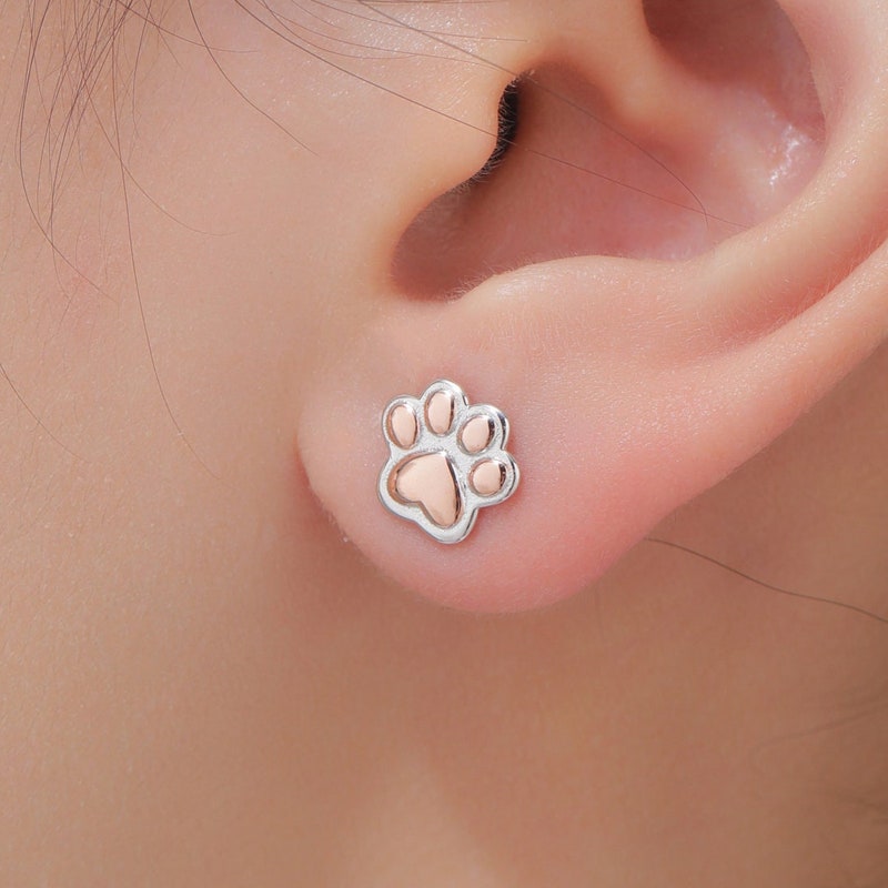 Cute Paw Print Stud Earrings in Sterling Silver - Dog Paw, Cat Paw Stud Earrings - Two Tone Finish - Pet Lover - Cute,  Fun, Whimsical