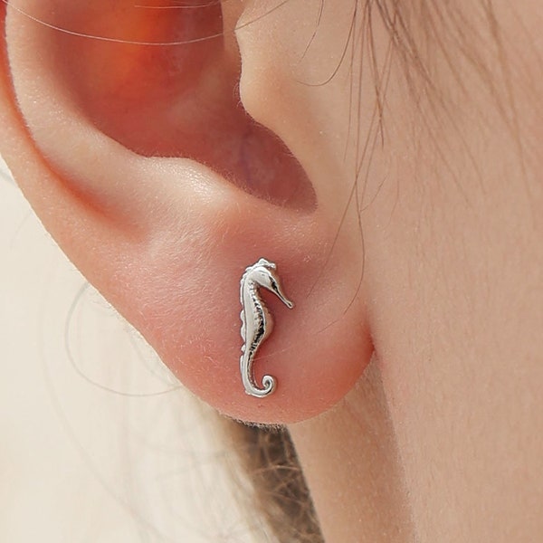 Little Seahorse Fish Stud Earrings in Sterling Silver, Cute Fun Quirky Animal Jewellery, Gift for Her, Animal Lover,  Nature Inspired