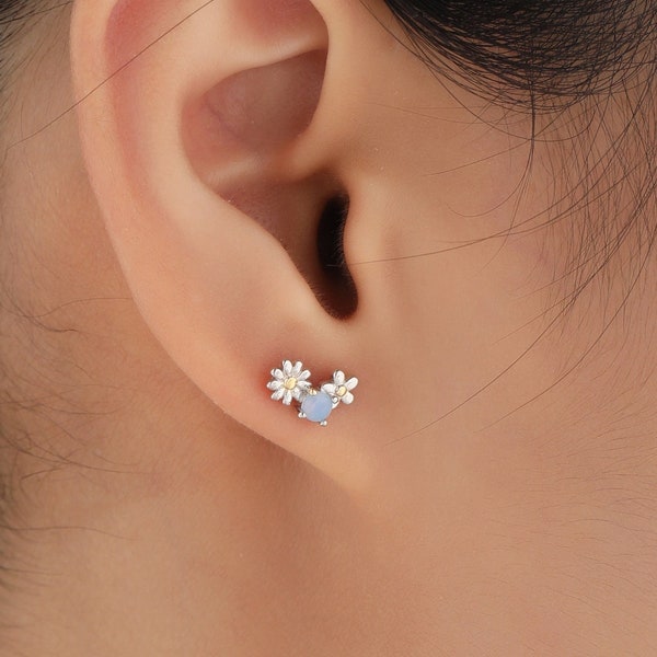 Tiny Forget Me Not Flower Bouquet CZ Stud Earrings in Sterling Silver, CZ Flower Cluster Stud Earrings