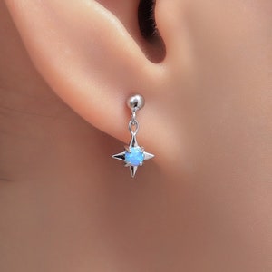 Tiny Blue Opal Star Dangle Stud Earrings in Sterling Silver, Silver or Gold, Lab Opal Star Earrings, Sunburst Earrings, Celestial
