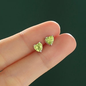 Natural Peridot Stone Heart Stud Earrings in Sterling Silver - 5mm Genuine Peridot Crystal Stud Earrings  - Semi Precious Gemstone