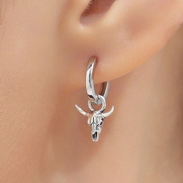 Tiny Bull Skull Huggie Hoop Earrings in Sterling Silver,  Bull Skull Earrings, Animal Skull Dangle Hoops, Animal Earrings