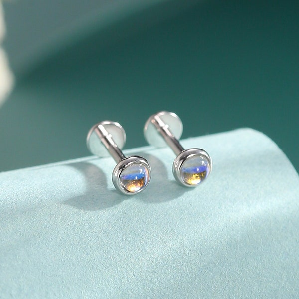 Tiny Moonstone 16G Internally Threaded Flat Back Earrings in Sterling Silver