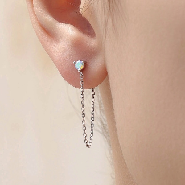 Iridescent Aurora CZ and Chain Ear Jacket in Sterling Silver,  Silver or Gold or Rose Gold, Front and Back Earrings, Two Part Earrings