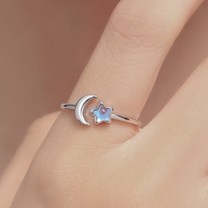 Sterling Silver Moonstone Star and Moon Ring, Simulated Moonstone Star and Moon Ring, Adjustable Size, Celestial Jewellery