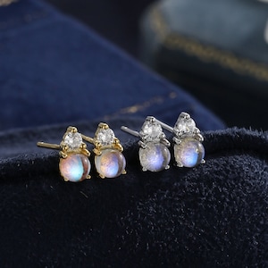Sterling Silver Tiny Moonstone and CZ Stud Earrings, CZ and Moonstone Earrings, Lab Created Moonstone Earrings