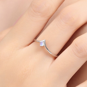 Minimalist Moonstone V Ring in Sterling Silver,  3mm Prong Set Lab Moonstone Ring, Adjustable Size Chevron Ring, Simulated Moonstone Ring