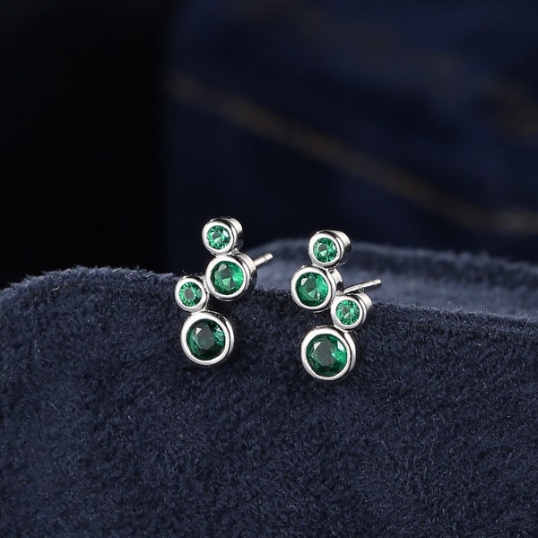 Emerald Green CZ Bubble Cluster Stud Earrings in Sterling Silver, Silver or Gold, Bezel CZ Cluster Earrings, CZ Wing Earrings, Mini Crawler