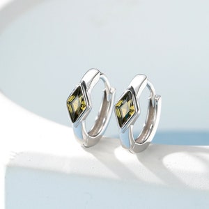 Tiny Rhombus Olive Green CZ Huggie Hoop in Sterling Silver, Silver or Gold, Minimalist Simple Kite Shape CZ Hoop Earrings