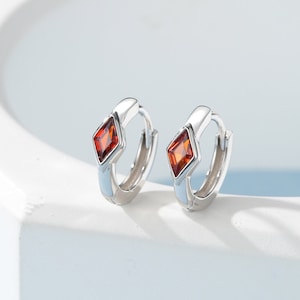 Tiny Rhombus Garnet Red CZ Huggie Hoop in Sterling Silver, Silver or Gold, Minimalist Simple Kite Shape CZ Hoop Earrings