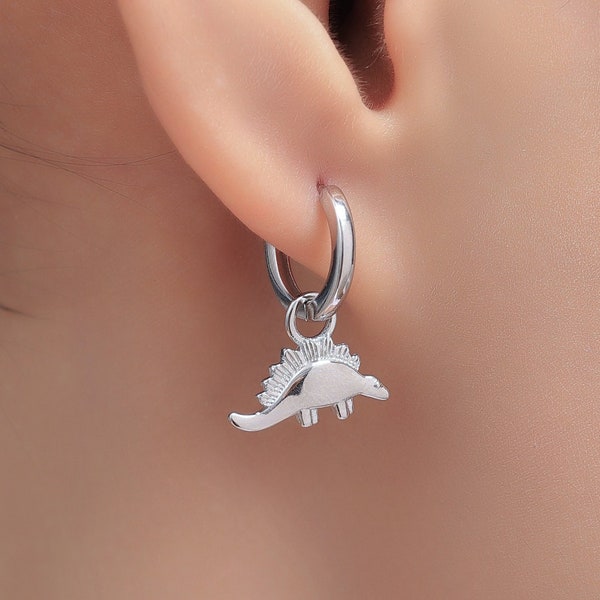 Sterling Silver Dinosaur Dangle Hoop Earrings, Silver, Gold or Rose Gold,  Stegosaurus Huggie Hoops, Interchangeable Charms, Detachable