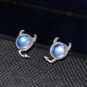 Sterling Silver Little Monster Stud Earrings with Simulated Moonstone, Silver or Gold, Small Monster Earrings, Ghost Earrings