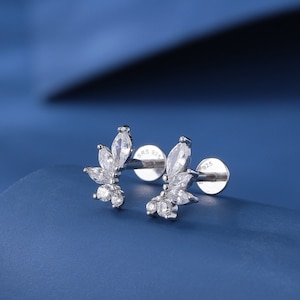 Mini boucles d'oreilles marquise CZ, boucles d'oreilles à fond plat filetées à l'intérieur en argent sterling, boucles d'oreilles marquise, boucles d'oreilles à fond vissé