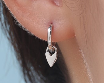 Sterling Silver Heart Huggie Hoops, Silver or Gold or Rose Gold, Detachable Tiny Heart Hoop Earrings, Heart Charm Dangle Earrings,