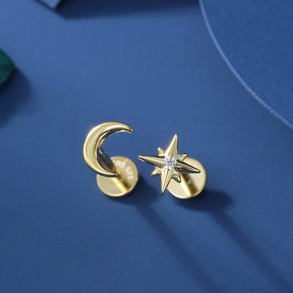 Pendientes de plata de ley con forma de media luna y estrella de circonita cúbica, calibre 16, con rosca interna y parte trasera plana.