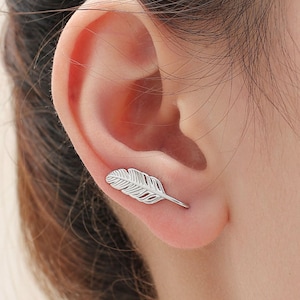 Feather Crawler Earrings in Sterling Silver, Silver, Gold or Rose Gold, Feather Ear Crawlers, Feather Ear Climbers, Feather Hook Earrings