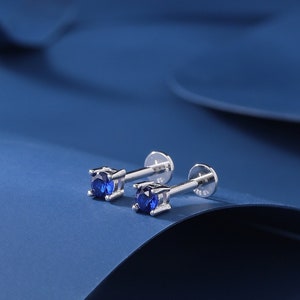 Sapphire Blue CZ Internally Threaded Flat Back / Screw Back Earrings in Sterling Silver, Silver or Gold