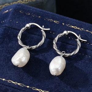 Braided Hoops with Dangling Baroque Pearl Drop Earrings in Sterling Silver, Silver or Gold, Keshi Pearl Twist Hoop Earrings, Pearl Hoops